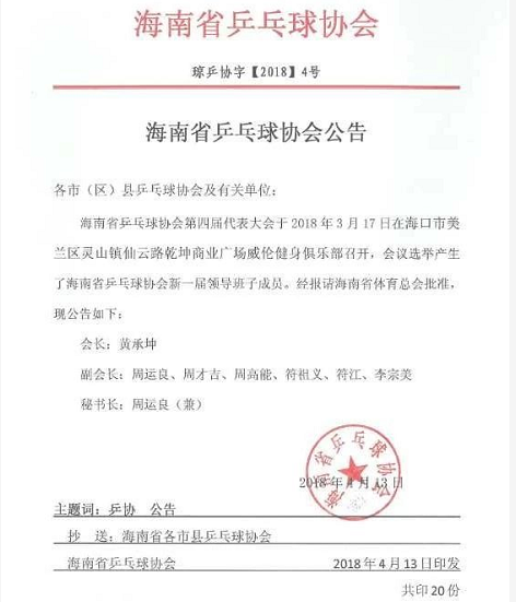 海南省乒乓球協(xié)會新一屆領導班子成員名單公布