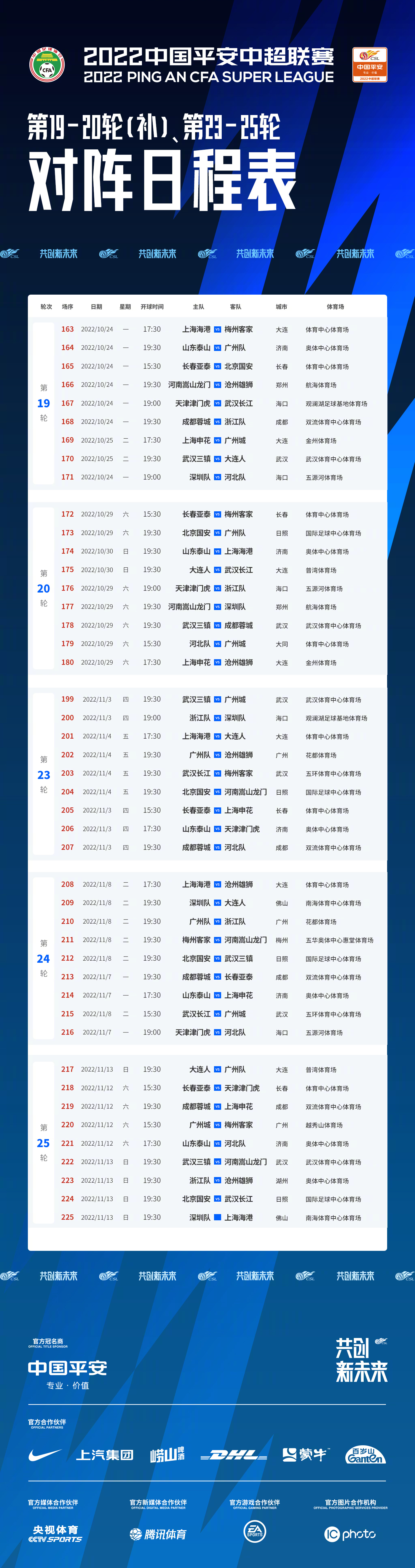 10月底11月初，5場中超比賽將先后在?？谶M行→